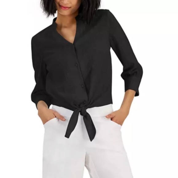 ❌ SOLD NWT - INC Tie Hem Collarless Button Down Casual Minimalist Top Black, M - Picture 1 of 8